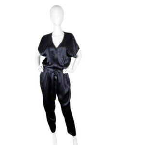 Splendid Satin Ankle Length Tie Waist Blouson Jumpsuit Black Size Medium